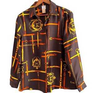 vintage Mondi Silk Button Up Blouse S 38 Equestrian Chain Bit Belt Print Top